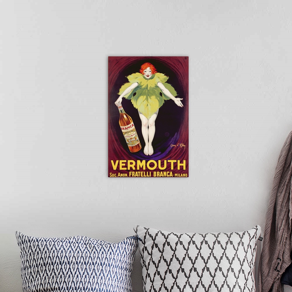 A bohemian room featuring This vintage poster shows a woman wearing a life size leaf and holding a large bottle of vermouth.