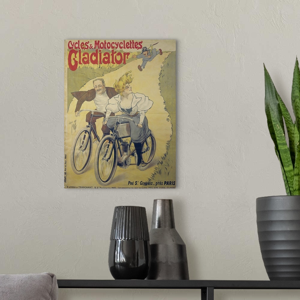 A modern room featuring Poster advertising Gladiator bicycles and motorcycles