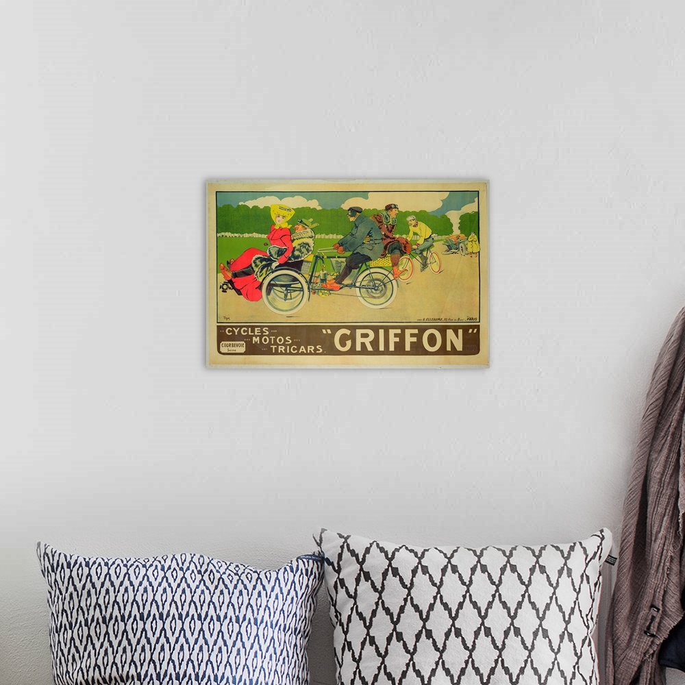 A bohemian room featuring Poster advertising 'Griffon Cycles, Motos