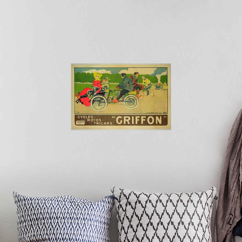 A bohemian room featuring Poster advertising 'Griffon Cycles, Motos