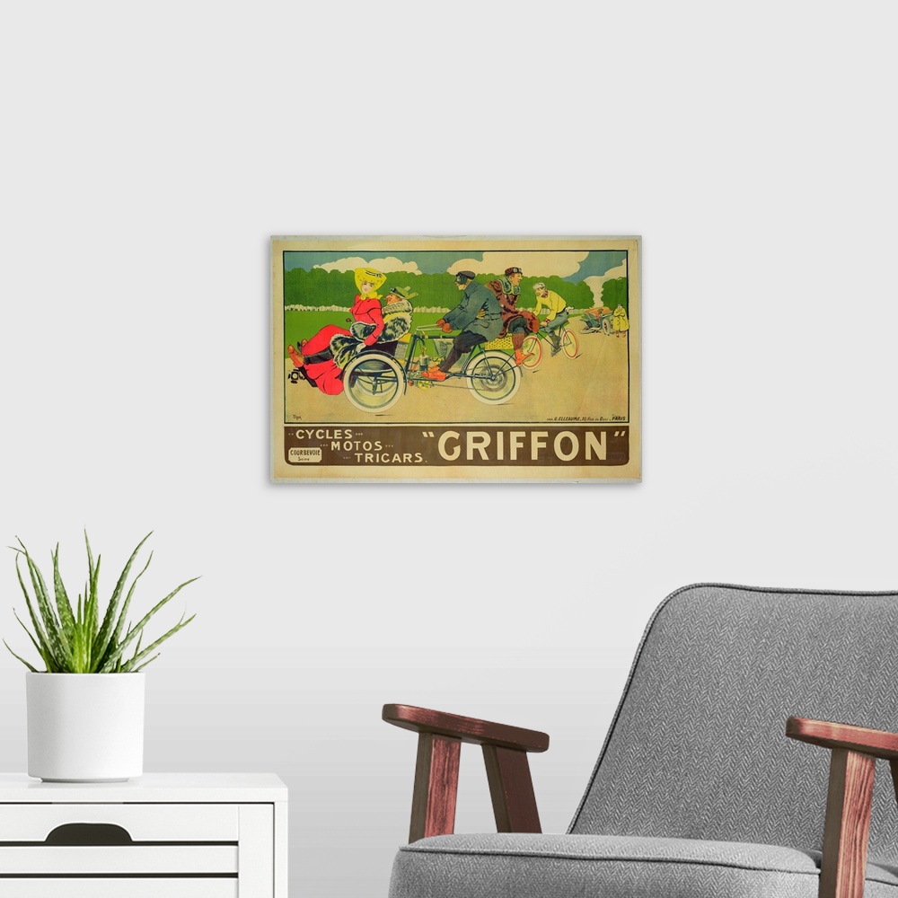 A modern room featuring Poster advertising 'Griffon Cycles, Motos