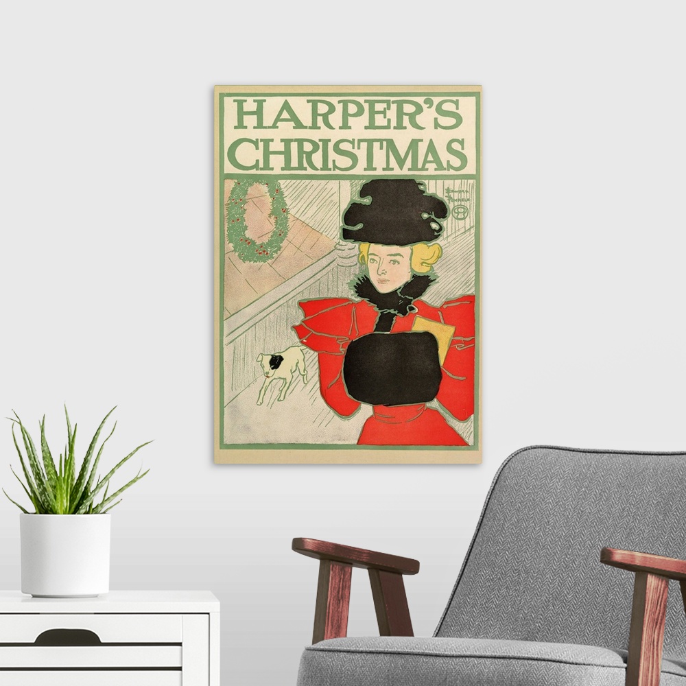 A modern room featuring Poster advertising Harper's New Monthly Magazine, Christmas 1894 (colour litho)