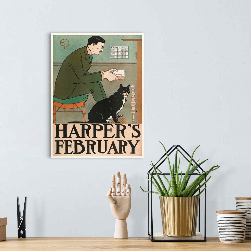 A bohemian room featuring Poster advertising Harper's New Monthly Magazine, February 1898 (colour litho)