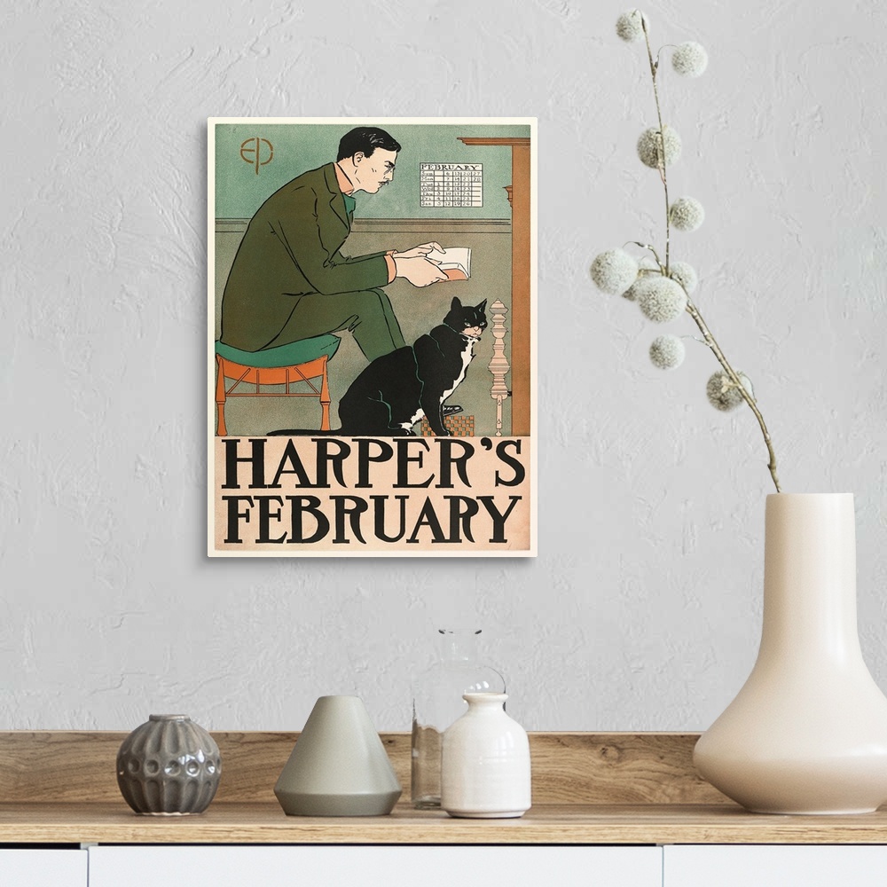 A farmhouse room featuring Poster advertising Harper's New Monthly Magazine, February 1898 (colour litho)
