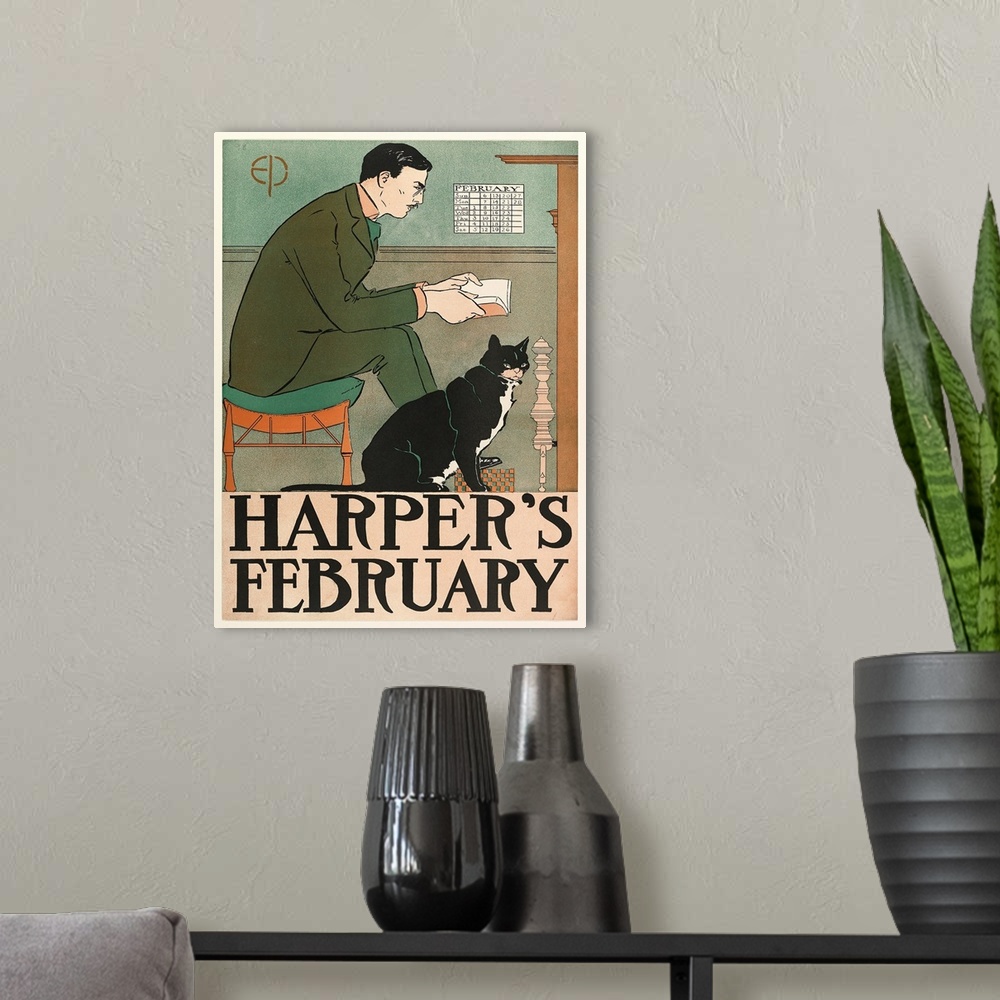 A modern room featuring Poster advertising Harper's New Monthly Magazine, February 1898 (colour litho)