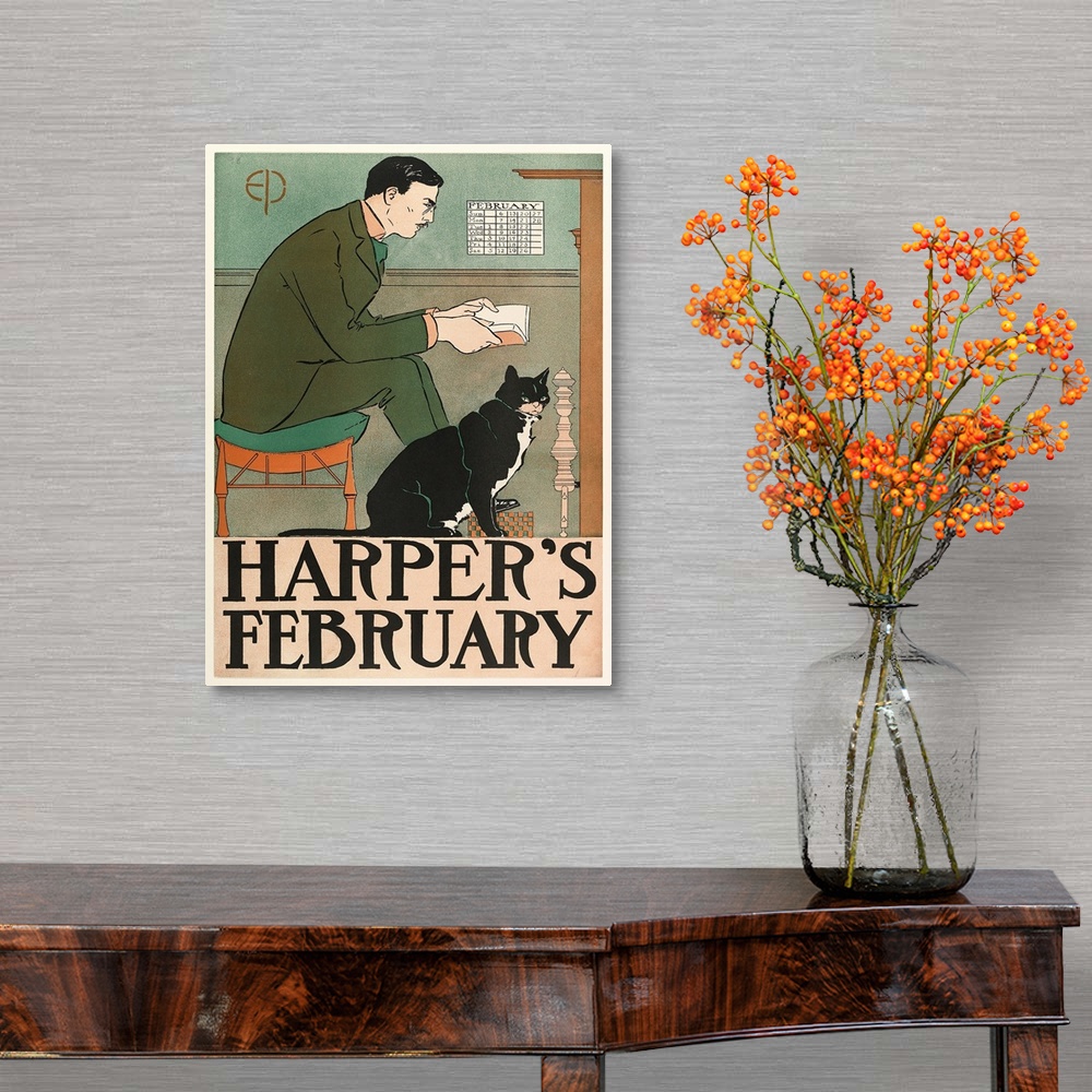 A traditional room featuring Poster advertising Harper's New Monthly Magazine, February 1898 (colour litho)