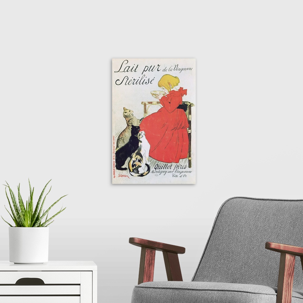 A modern room featuring Poster advertising Pure Sterilised Milk from La Vingeanne