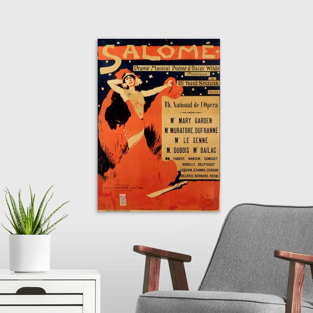 A modern room featuring XJL158468 Poster advertising 'Salome', opera by Richard Strauss (1864-1949) (litho) by Tilke, Max...