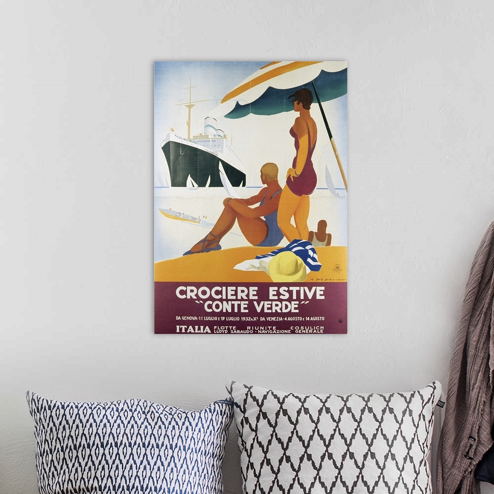 A bohemian room featuring LEE249081 Poster advertising the 'Conte Verde', 1932 (colour litho) by Italian School, (20th cent...