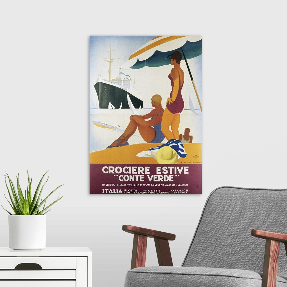 A modern room featuring LEE249081 Poster advertising the 'Conte Verde', 1932 (colour litho) by Italian School, (20th cent...
