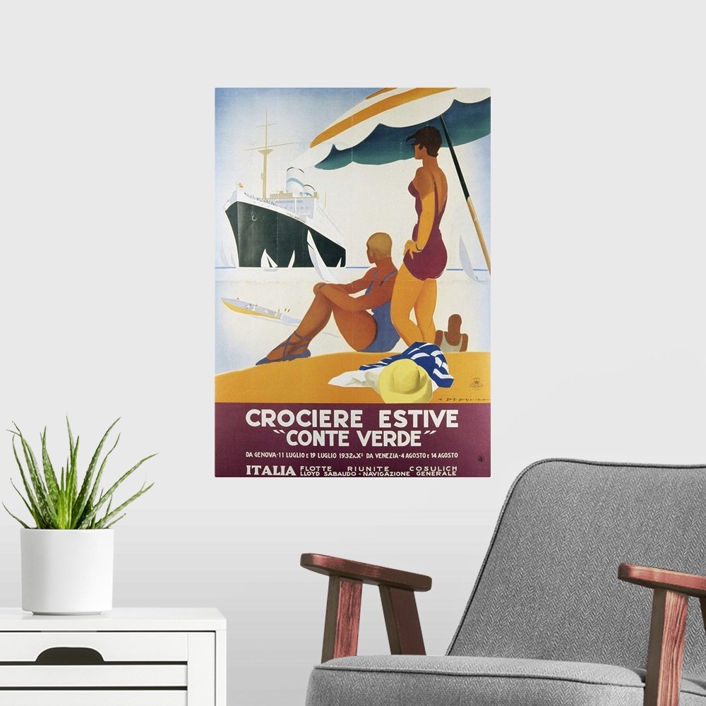 A modern room featuring LEE249081 Poster advertising the 'Conte Verde', 1932 (colour litho) by Italian School, (20th cent...