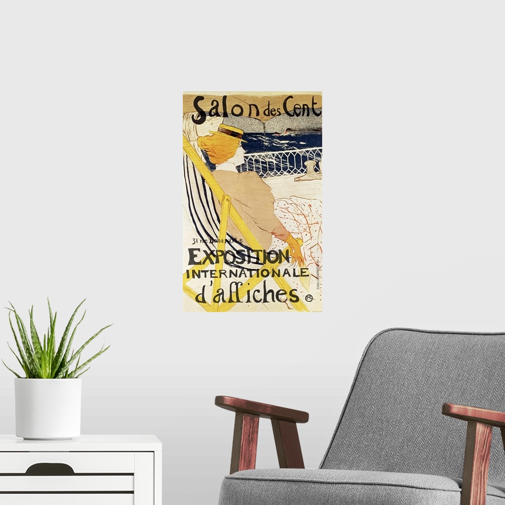 A modern room featuring Vintage color lithograph advertising the International Exhibition of Posters by Henri de Toulouse...