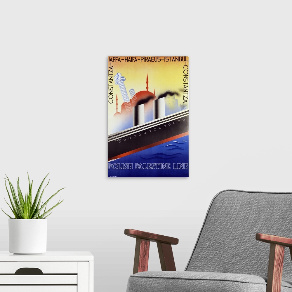 A modern room featuring IMJ407789 Poster advertising the Polish Palestine Line, c.1933 (colour litho) by Glinicki, Zygmun...