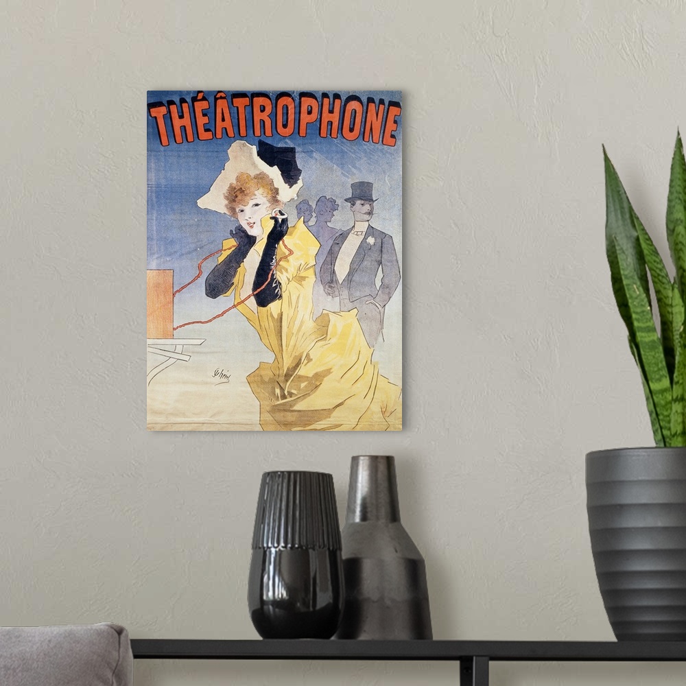 A modern room featuring Poster Advertising the 'Theatrophone'