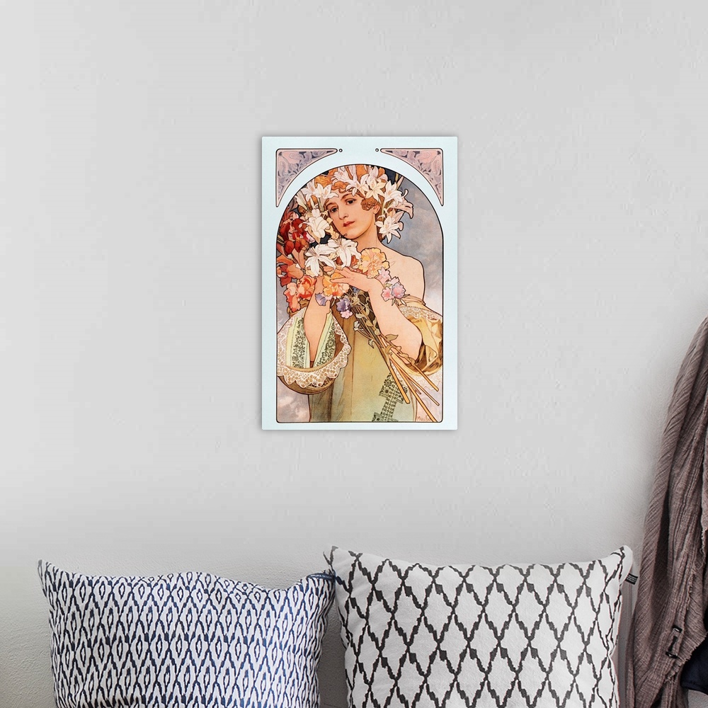 A bohemian room featuring Poster By Alphonse Mucha: 'The Flower' From Flowers Series, 1897.