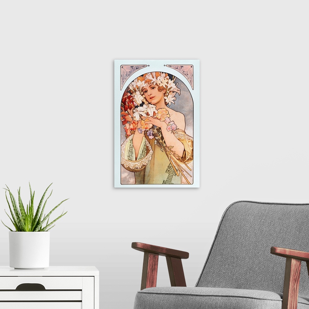 A modern room featuring Poster By Alphonse Mucha: 'The Flower' From Flowers Series, 1897.