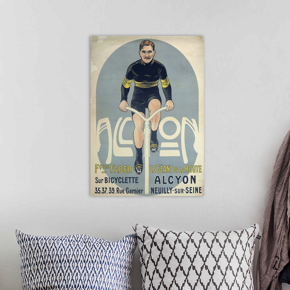 A bohemian room featuring Poster depicting Francois Faber (d.1915) on his Alcyon bicycle