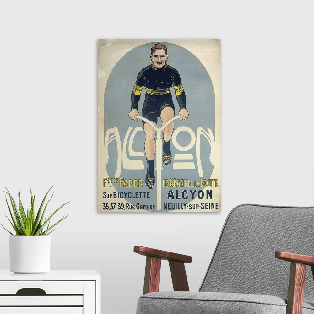 A modern room featuring Poster depicting Francois Faber (d.1915) on his Alcyon bicycle