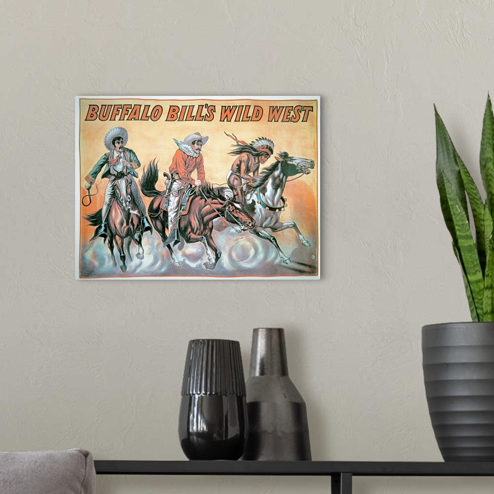 A modern room featuring This vintage poster is for Buffalo Bill's Wild West Show. Three men, two cowboys and an Indian, a...