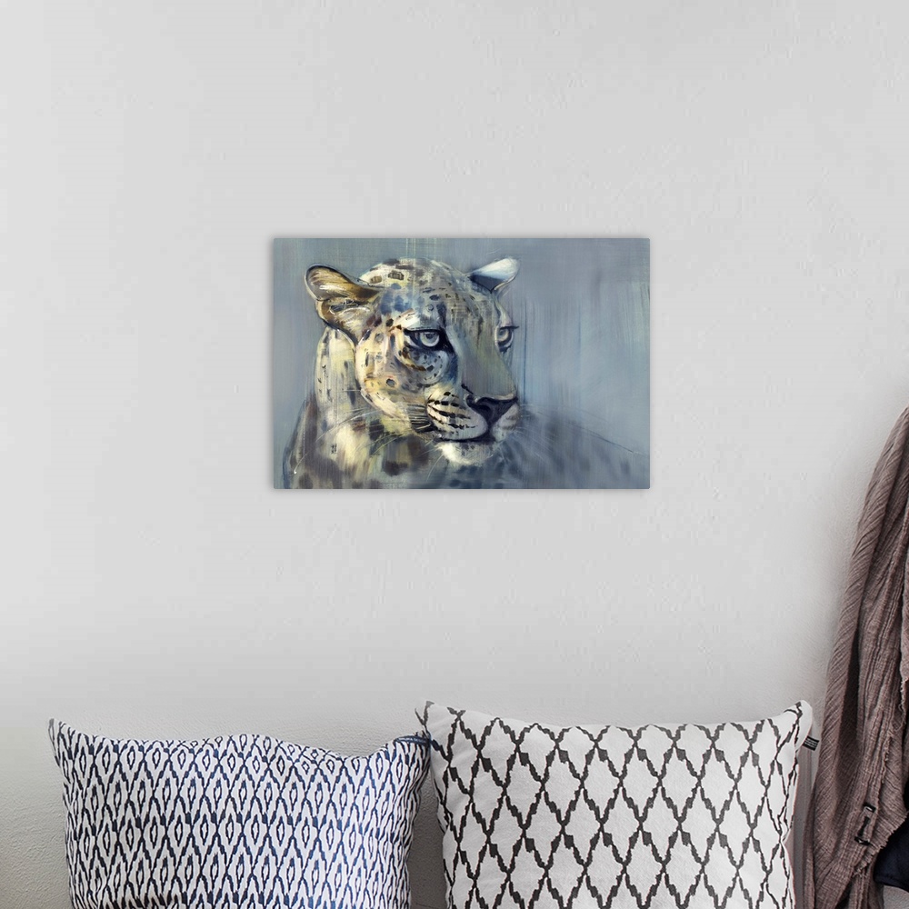A bohemian room featuring Contemporary wildlife portrait of an Arabian Leopard.