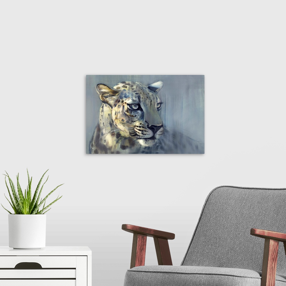 A modern room featuring Contemporary wildlife portrait of an Arabian Leopard.