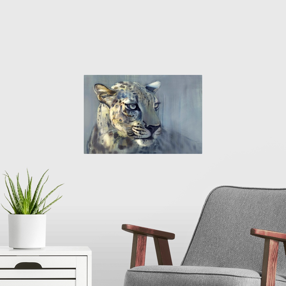 A modern room featuring Contemporary wildlife portrait of an Arabian Leopard.