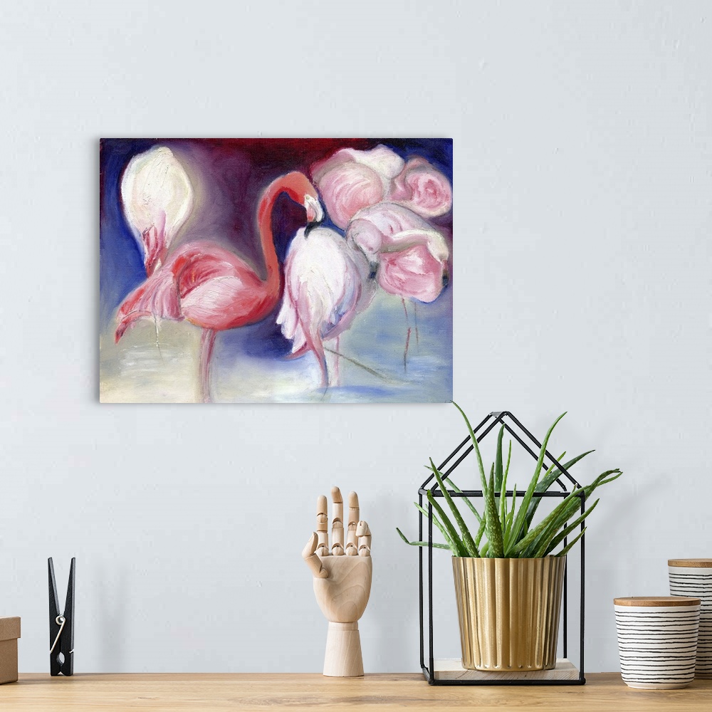 A bohemian room featuring Contemporary painting of a pink flamingos.