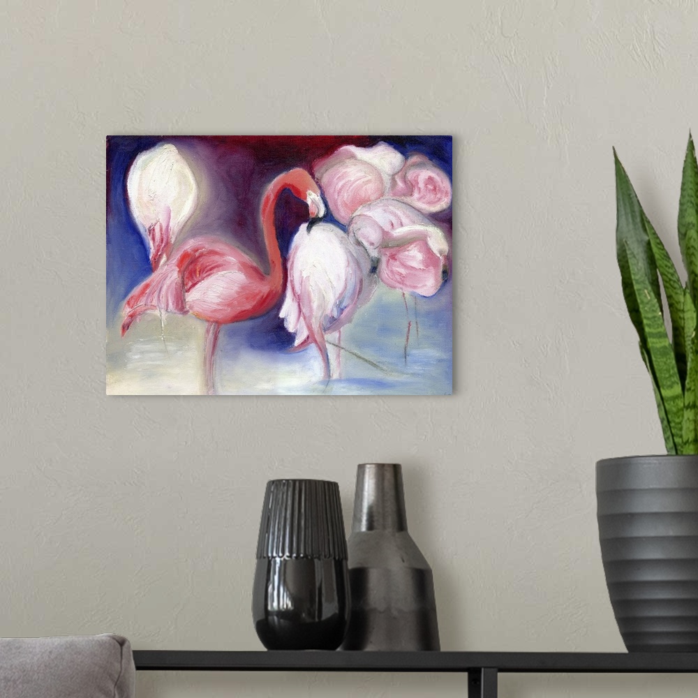 A modern room featuring Contemporary painting of a pink flamingos.