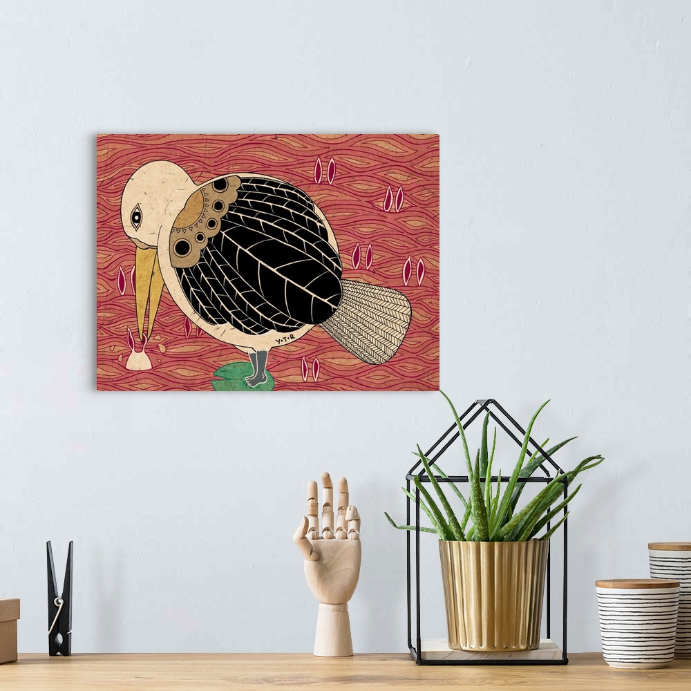 A bohemian room featuring Contemporary painting of a characterized bird picking something out of the ground with its beak.