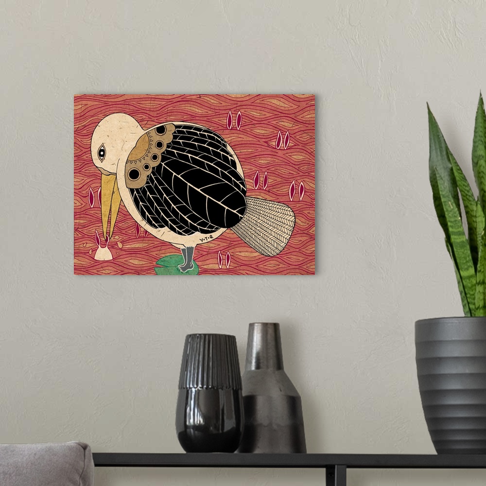 A modern room featuring Contemporary painting of a characterized bird picking something out of the ground with its beak.
