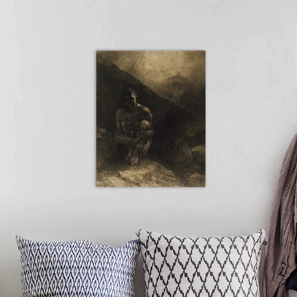 A bohemian room featuring Primitive Man, 1872, charcoal, black chalk, stumping, wiping and erasing, with white and ochre go...