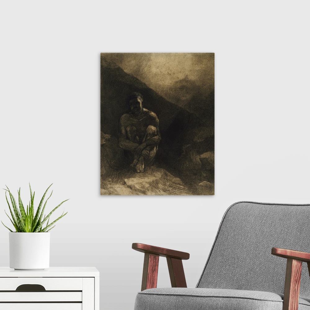A modern room featuring Primitive Man, 1872, charcoal, black chalk, stumping, wiping and erasing, with white and ochre go...