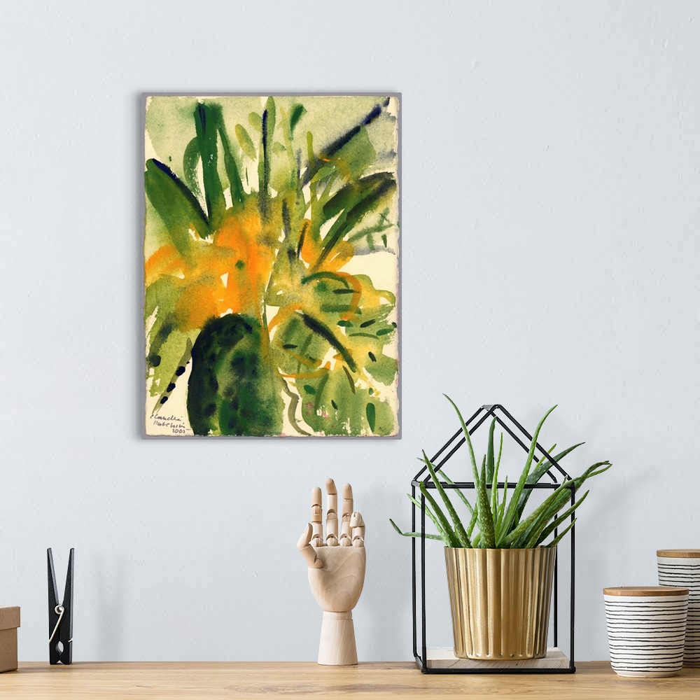 A bohemian room featuring Contemporary floral watercolor painting.