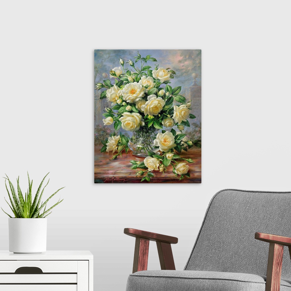 A modern room featuring Large floral art portrays an arrangement of flowers as they sit within and around a glass contain...