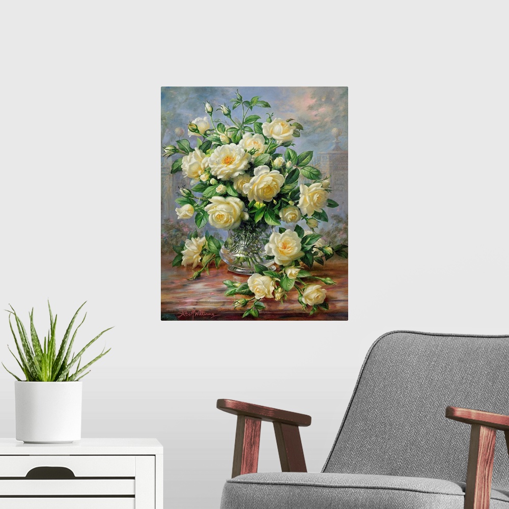 A modern room featuring Large floral art portrays an arrangement of flowers as they sit within and around a glass contain...