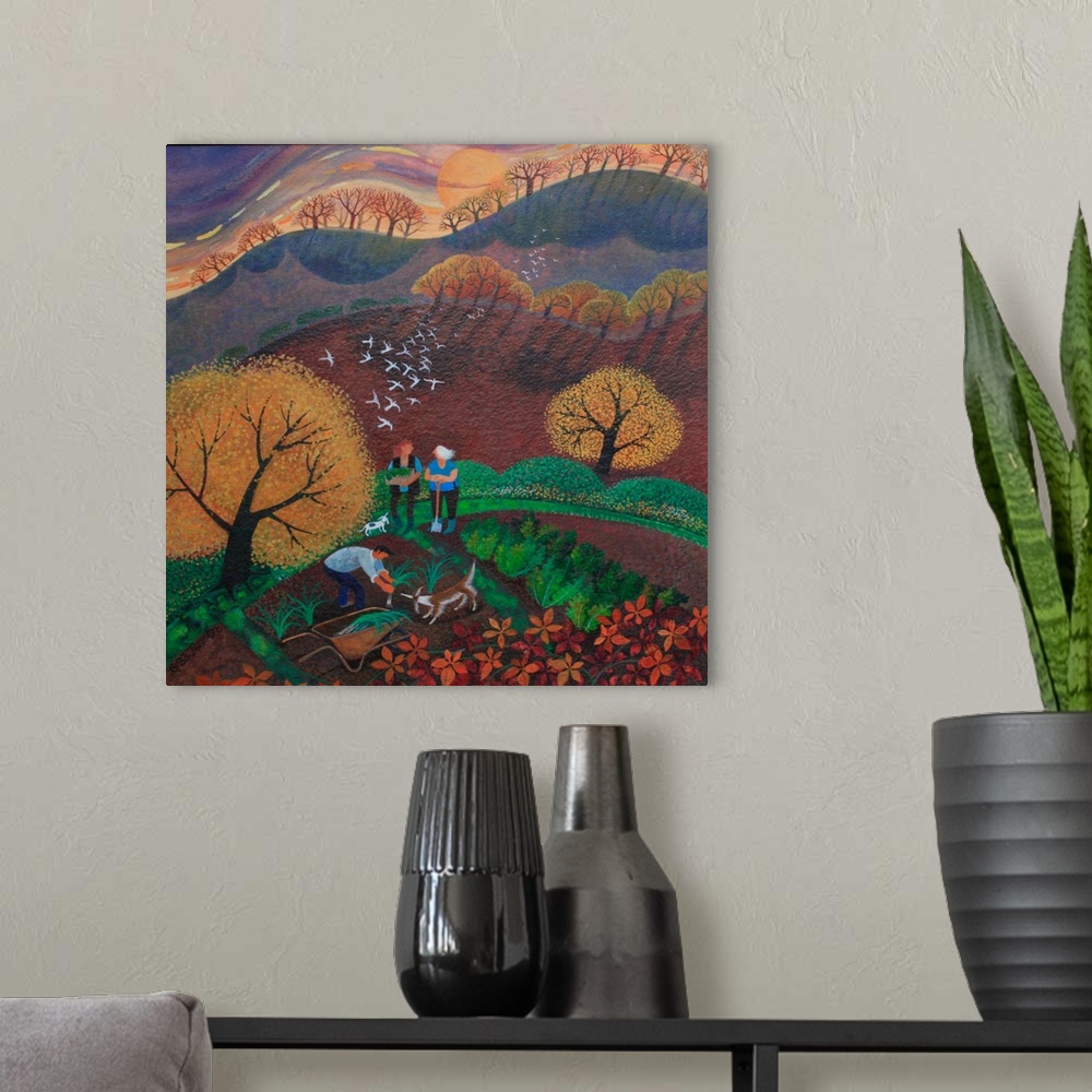 A modern room featuring Contemporary painting of farmers harvesting leeks in autumn.