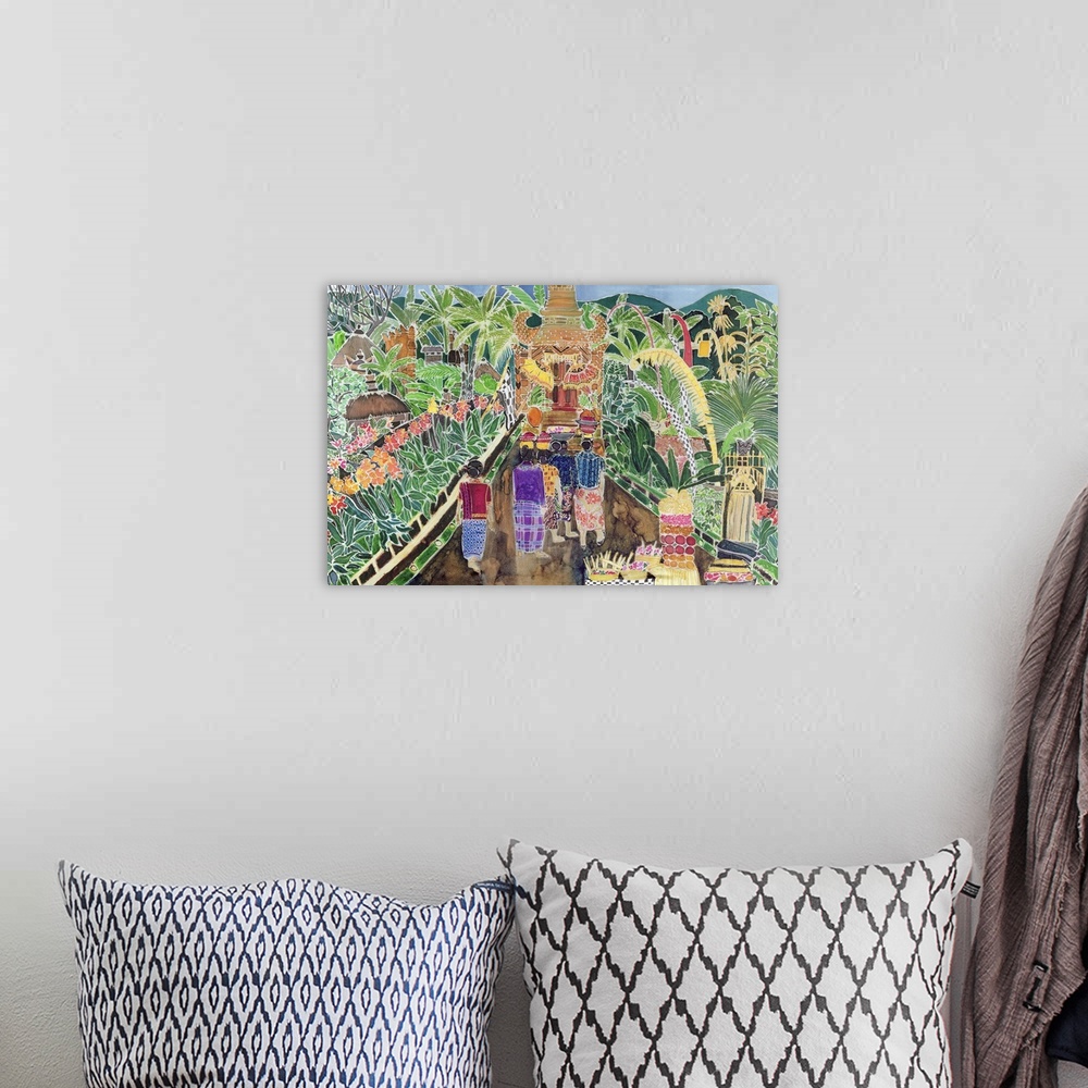 A bohemian room featuring Contemporary painting of people talking to a temple, Indonesia.