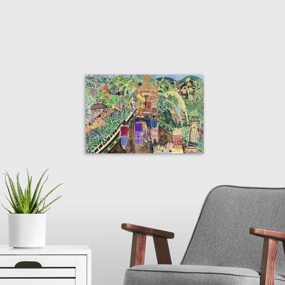 A modern room featuring Contemporary painting of people talking to a temple, Indonesia.
