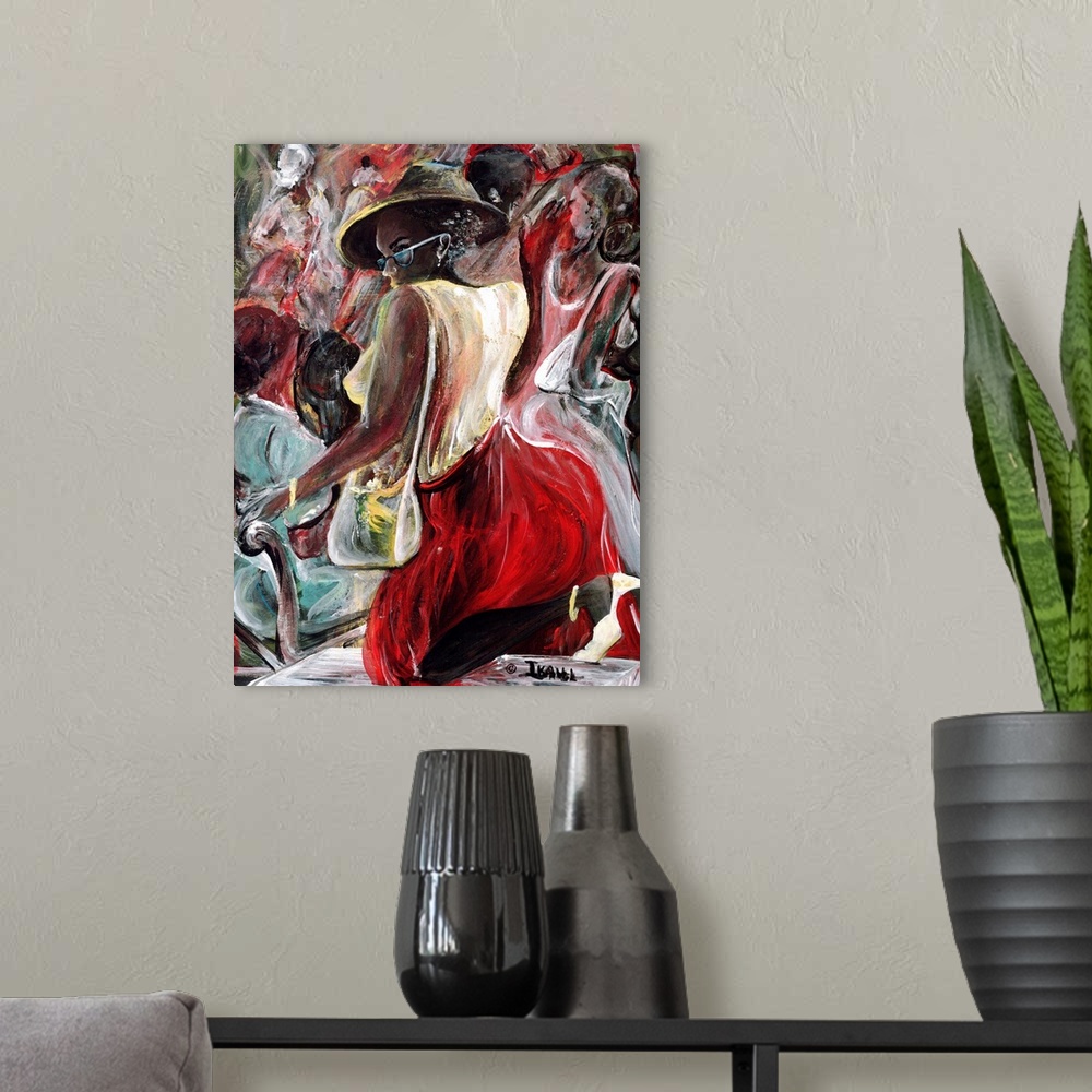 A modern room featuring Modern art depicting a well-dressed woman with a hat, glasses, purse, and high heels looking off ...