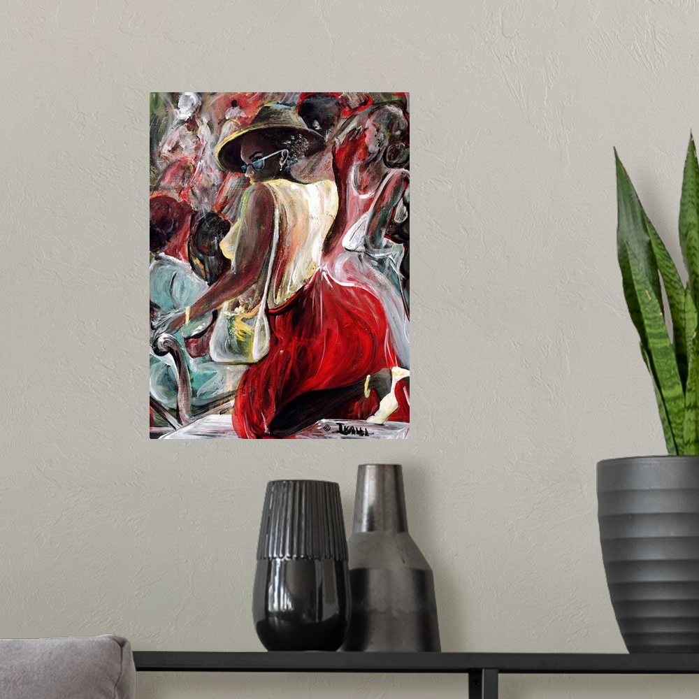 A modern room featuring Modern art depicting a well-dressed woman with a hat, glasses, purse, and high heels looking off ...