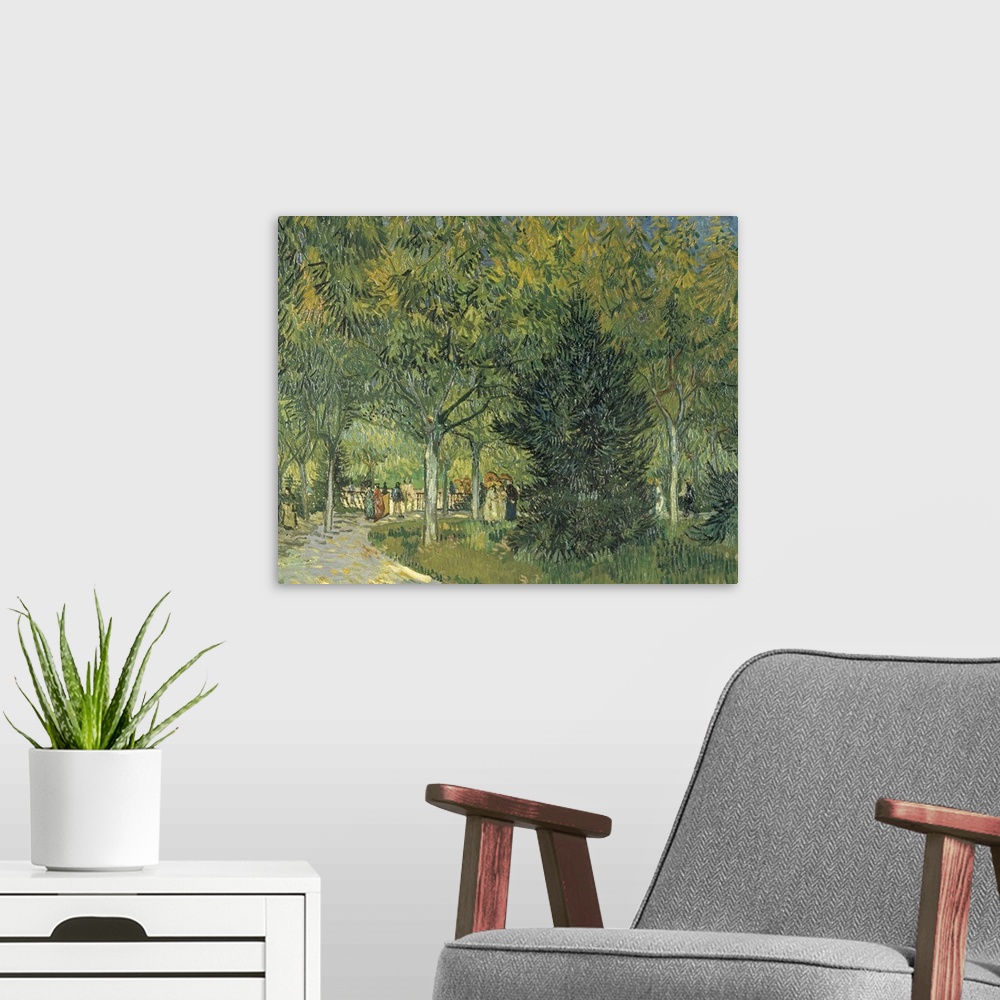 A modern room featuring Classical painting of people taking a stroll down a winding path as the leafy trees create an arc...