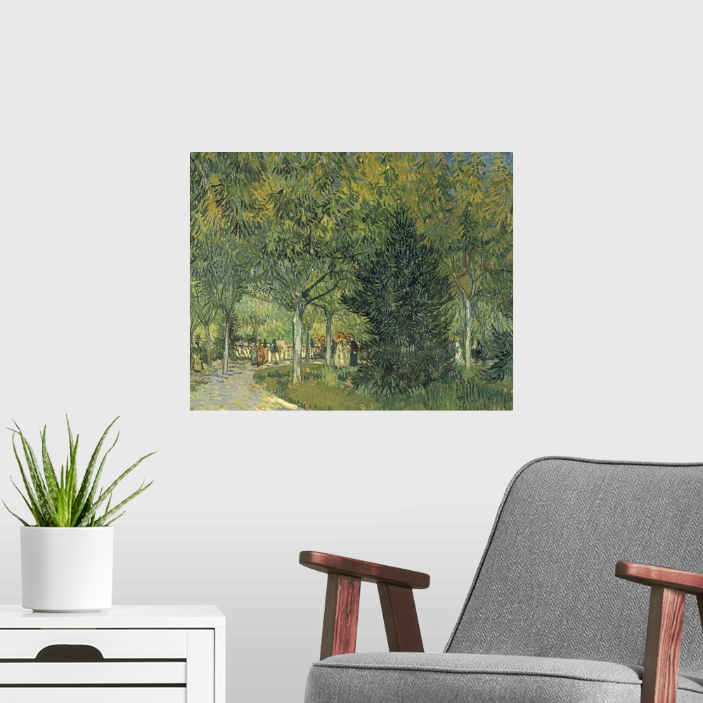 A modern room featuring Classical painting of people taking a stroll down a winding path as the leafy trees create an arc...