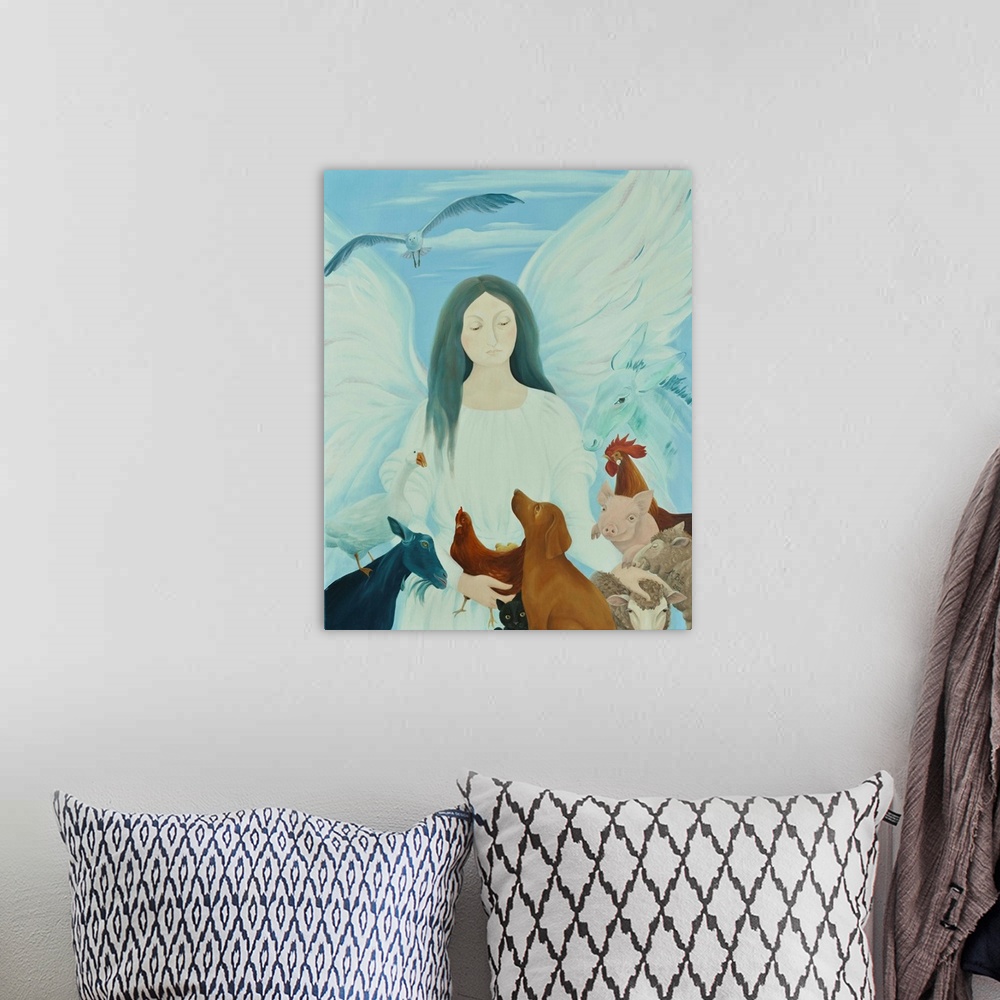 A bohemian room featuring Contemporary painting of an angel tending to animals.