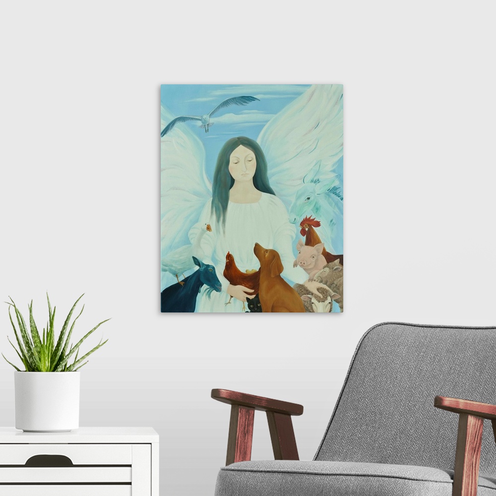 A modern room featuring Contemporary painting of an angel tending to animals.