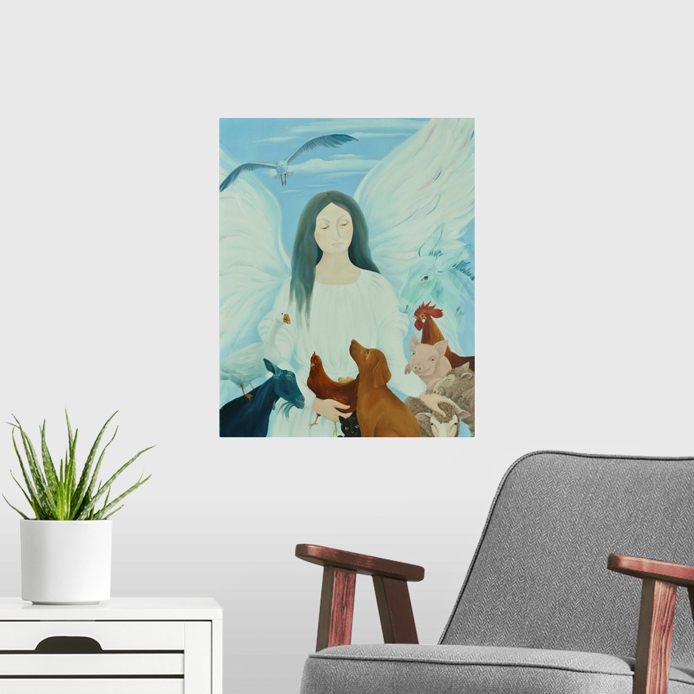 A modern room featuring Contemporary painting of an angel tending to animals.