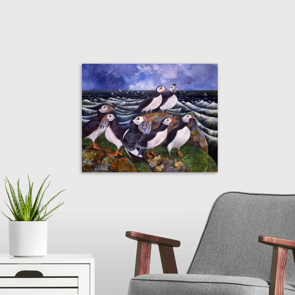 A modern room featuring Contemporary painting of a puffins on a rock eating fish.