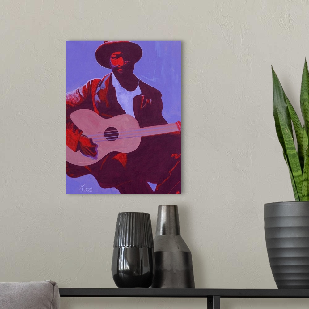 A modern room featuring Contemporary artwork of a musician holding a guitar while sitting down. Half of his body is shado...