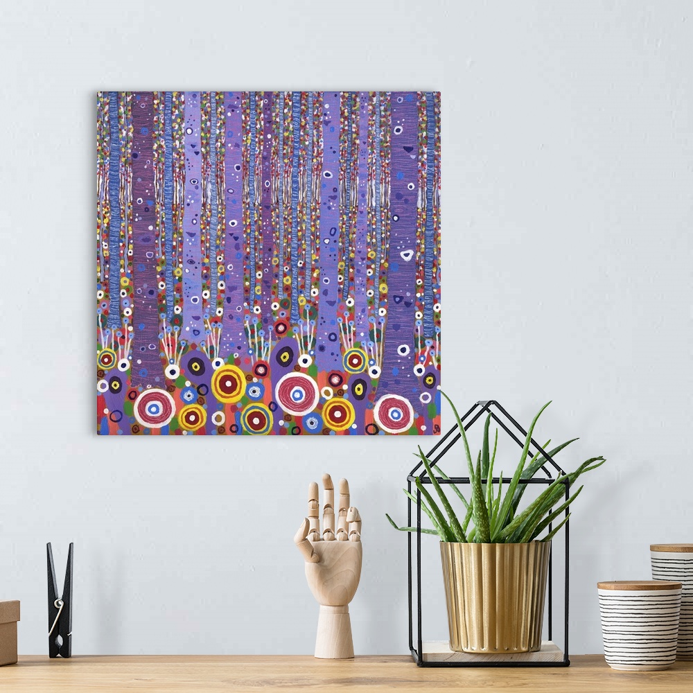 A bohemian room featuring Purple Forest 1, 2012, (acrylic on canvas)