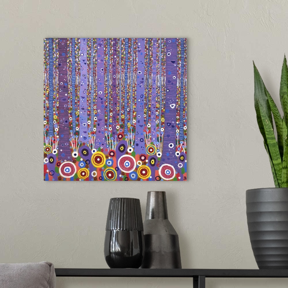 A modern room featuring Purple Forest 1, 2012, (acrylic on canvas)