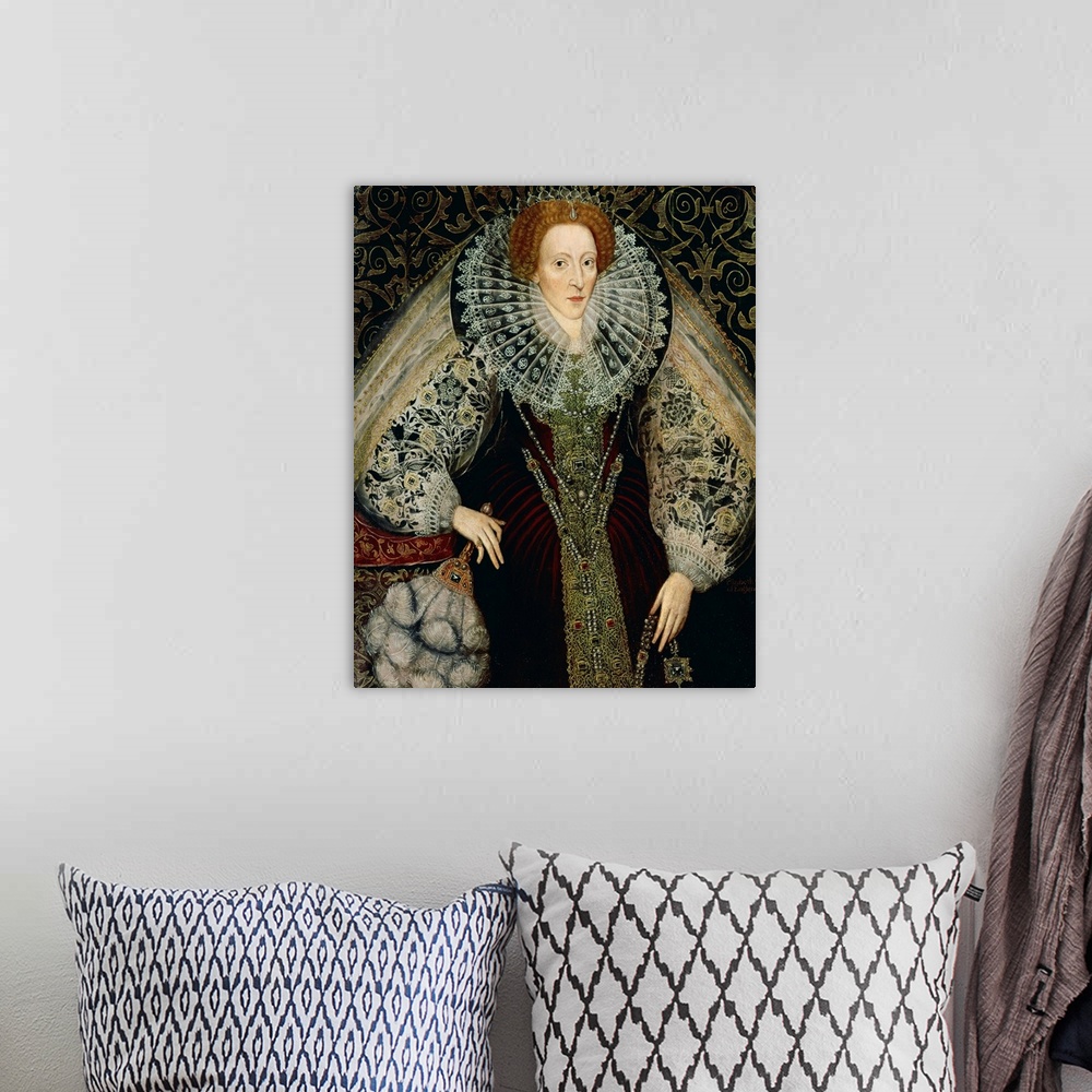 A bohemian room featuring BAL72728 Queen Elizabeth I, c.1585-90 (panel); by Bettes, John the Younger (c.1530-1615/6) (attr....
